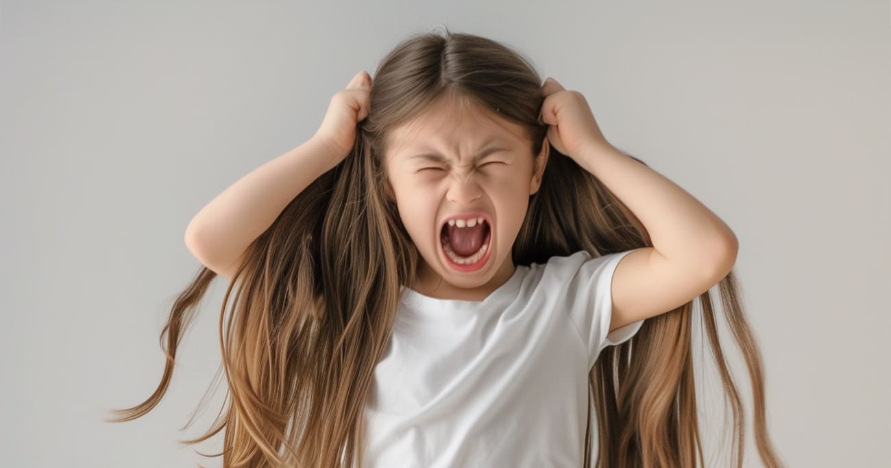 a young girl screaming with her hands over her ears