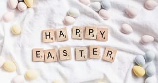 scrabble tiles spelling out Happy Easter