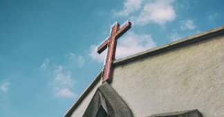 church steeple against a blue sky