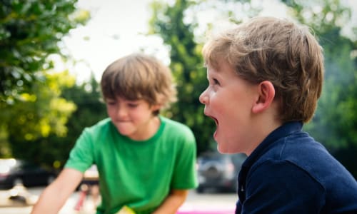 Two young boys playing outside and laughing