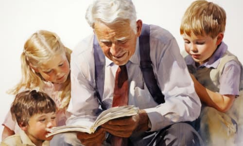 grandfather reading with three grandchildren