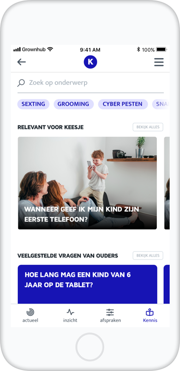 Schermafbeelding van de Grownhub app in het kennis scherm