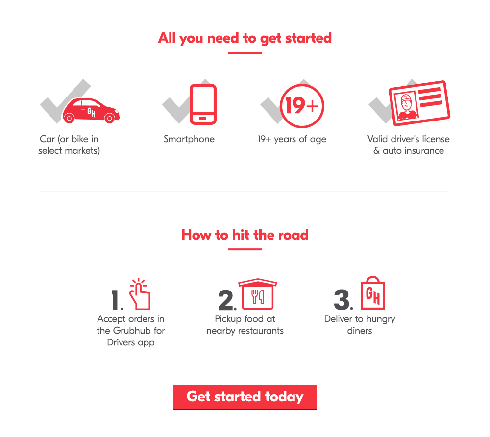 All you need to get started: car (or bike in select markets), smartphone, be 19+ years of age, and a valid driver?s license & auto insurance. How to hit the road: 1. Accept orders in the Grubhub for Drivers app, 2. Pickup food at nearby restaurants, 3. Deliver to hungry diners. Get started today!