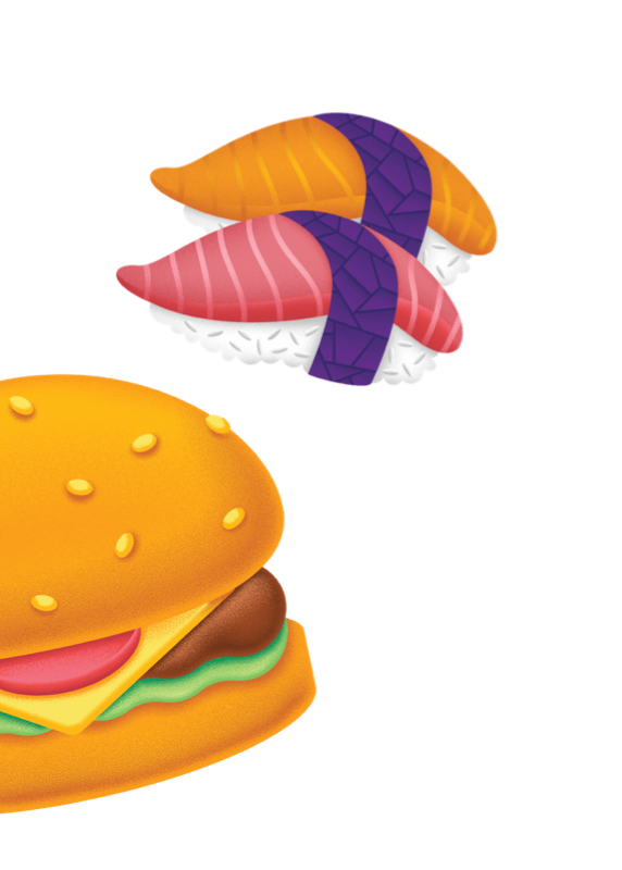 Illustration of a burger with two pieces of sushi flying over.