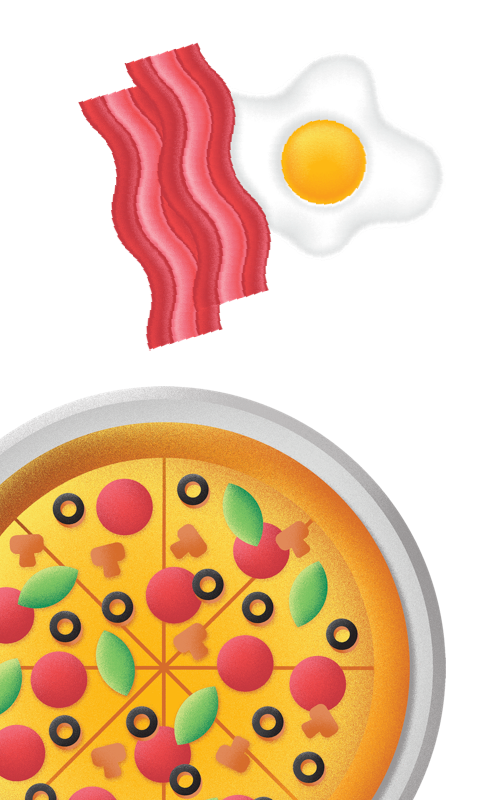 Illustration of a pizza with two pieces of bacon and a fried egg flying over it.