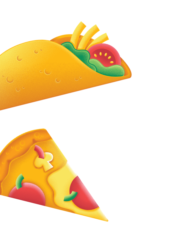 Illustrations of a taco and a pizza slice.