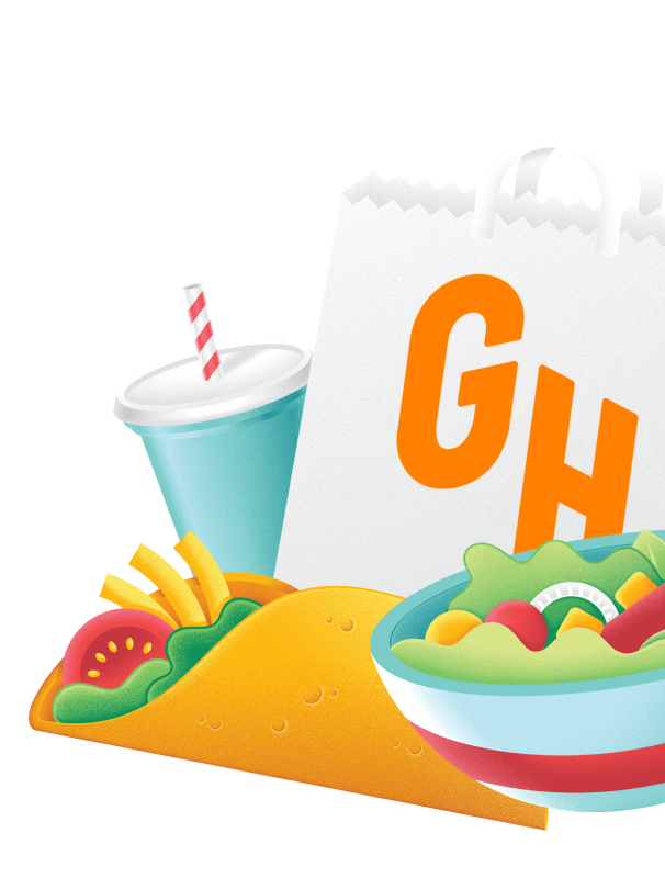 Illustrations of a salad, a drink, a Grubhub food bag and a taco.