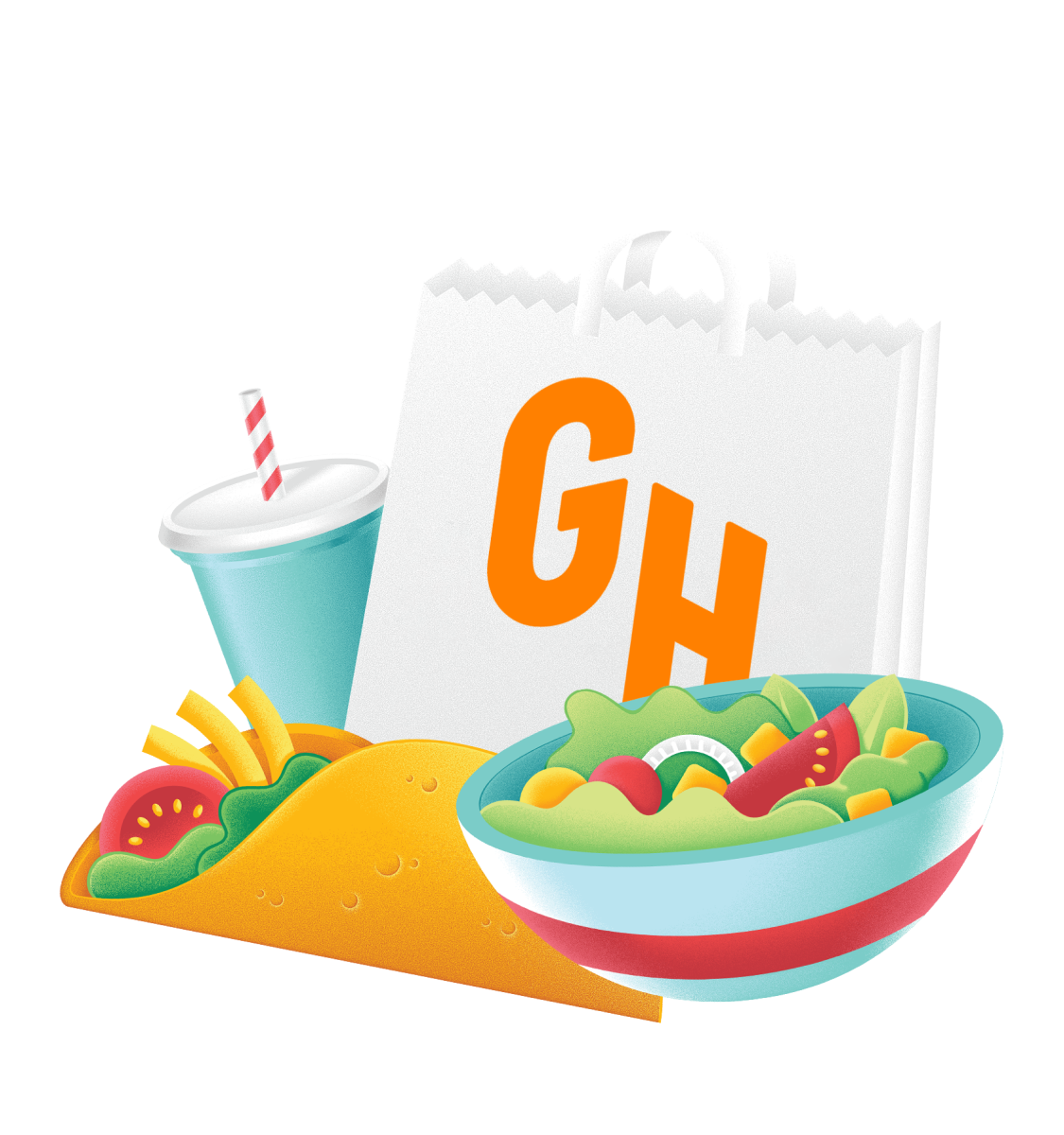 Illustrations of a salad, a drink, a Grubhub food bag and a taco.