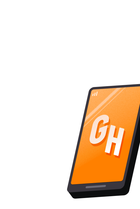 Illustration of a smartphone with an orange background and the Grubhub logo inside.