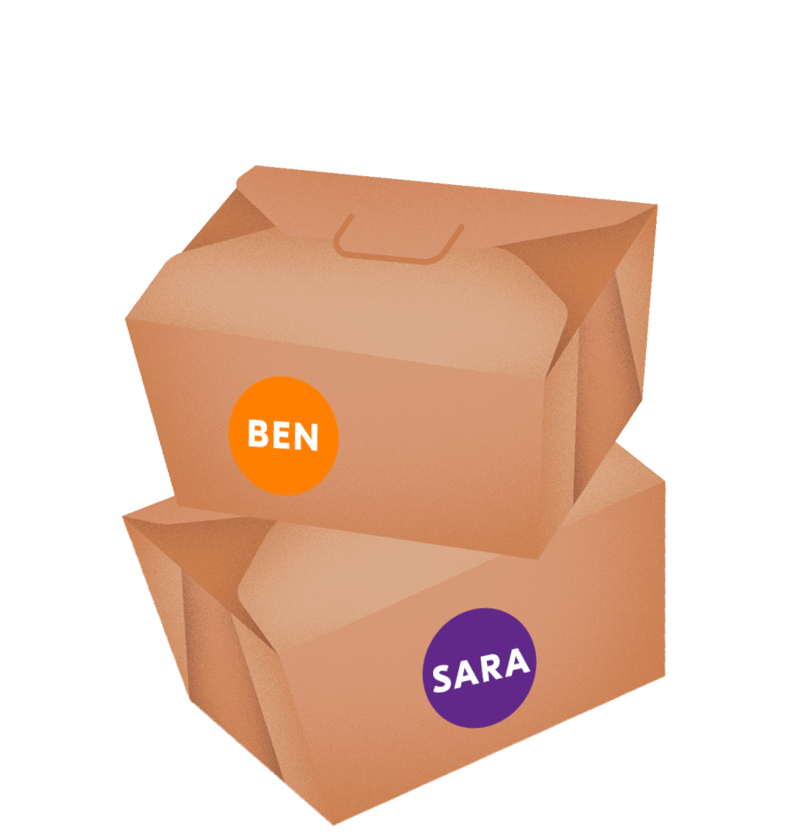 Illustrations of two brown food containers stacked on top of each other labeled “Ben” and “Sarah.”