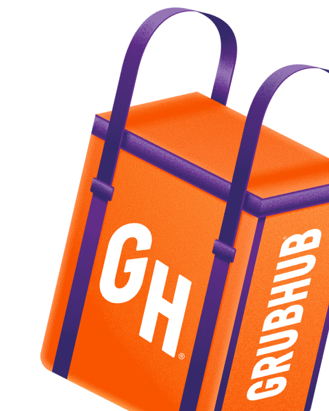 Illustration of an orange Grubhub food delivery bag.