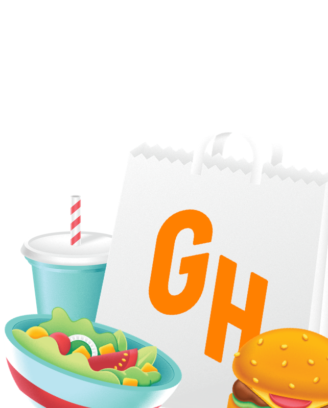 Illustrations of a salad, a drink, a Grubhub food bag and a cheeseburger.