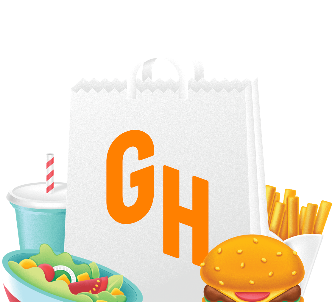 Illustrations of a salad, a drink, a Grubhub food bag and a cheeseburger.