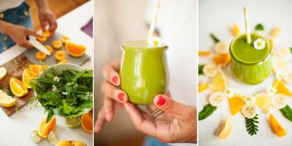 Wildkräuterwanderung 3er Collage mit Bilder von der Zubereitung Grüner Smoothies mit Wildkräutern.