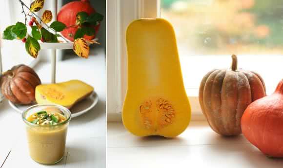 2er Collage: rechts Kürbissuppe im Glas vor einer Etragere mit Kürbissen - links aufgeschnittener Butternut-Kürbis auf der Fensterbank