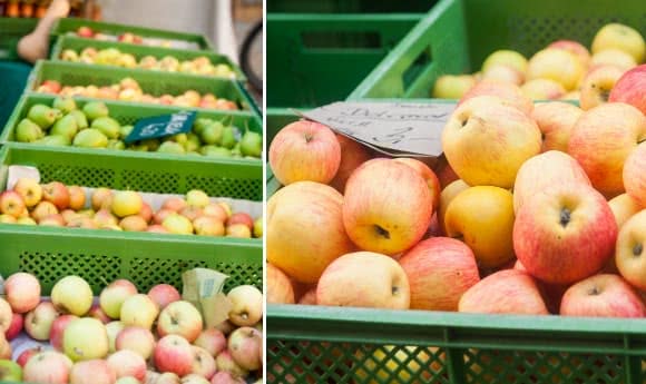 Verschiedene Apfelsorten auf dem Wochenmarkt.