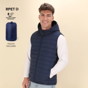 Chaleco RPET efecto pluma con capucha ajustable y funda transporte Dempax