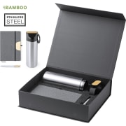 Set premium personalizado de termo de acero inox con bloc y bolígrafo detalles bambú