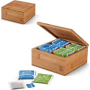 Caja para té de bambú con 4 compartimentos incluye 40 bolsitas personalizada