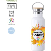 Bidón térmico de acero inox con detalle de bambu personalizado en 360º a todo color (500 ml)