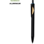 Bolígrafo acabado negro con detalles a color aluminio y bambú personalizado láser