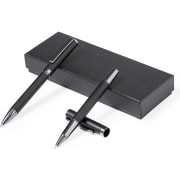 Set de bolígrafo y roller negro mate con clip metálico estuche kraft negro