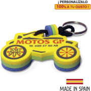 Llavero náutico flotante con silueta de moto en goma EVA personalizado con anillo