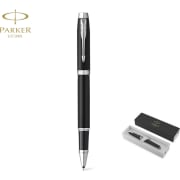 Bolígrafo roller personalizado negro mate adornos cromados tinta negra Parker