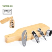 Set de vinos personalizado bambú con 4 accesorios de acero inox.