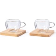 Set de 2 tazas de cristal doble pared y posavasos en bambú (90 ml)