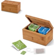 Caja para té de bambú con 2 compartimentos incluye 20 bolsitas personalizada 