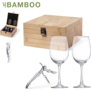 Set de vinos publicitario bambú con copas y sacacorchos