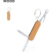 Llavero multiherramienta publicitario de madera y acero inoxidable