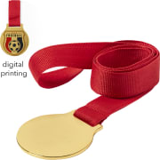 Medalla personalizada metálica dorada con cinta roja