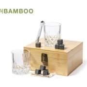 Set whisky personalizado bambú con vasos y cubitos reutilizables
