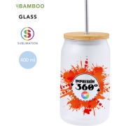 Vaso de cristal, tapa en bambú y pajita acero inox personalizado (400ml)