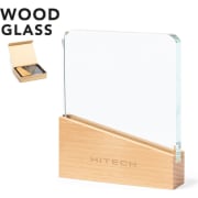 Placa personalizada de cristal grueso con base de madera natural