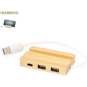 Puerto USB personalizado de bambú con soporte para smartphone