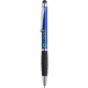 Bolígrafo con puntero táctil color metalizado brillante y empuñadura suave azul
