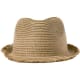 Sombrero en paja de papel con flecos y serigrafiado alrededor de cinta  marron