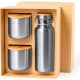 Set bidón y vasos de acero inox personalizado con detalles de bambú