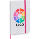 Libreta de bolsillo publicitaria de cartón 9 x 14 cm blanco/fucsia