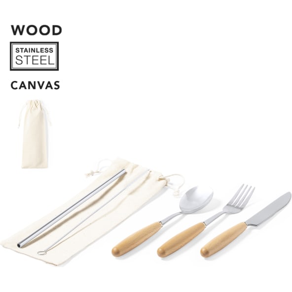 Set cubiertos publicitario acero inox/madera 5 piezas con bolsita