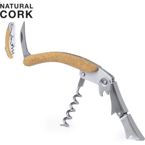 Sacacorchos publicitario de acero inox con mango de corcho