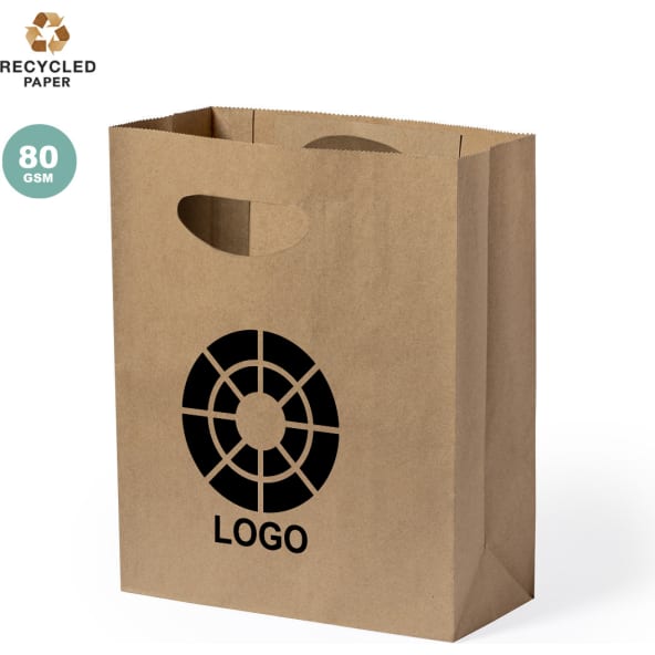 Bolsa eco publicitaria de papel reciclado y asa troquelada 80 g/m2