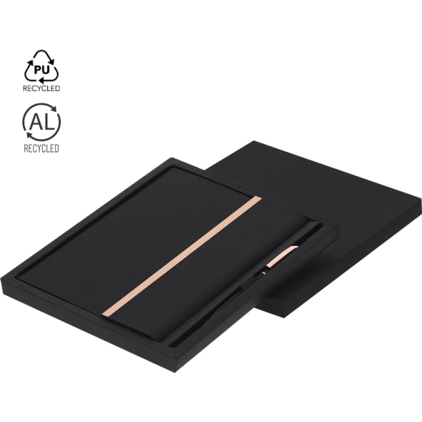 Set bloc de notas y bolígrafo negro de PU y aluminio reciclado