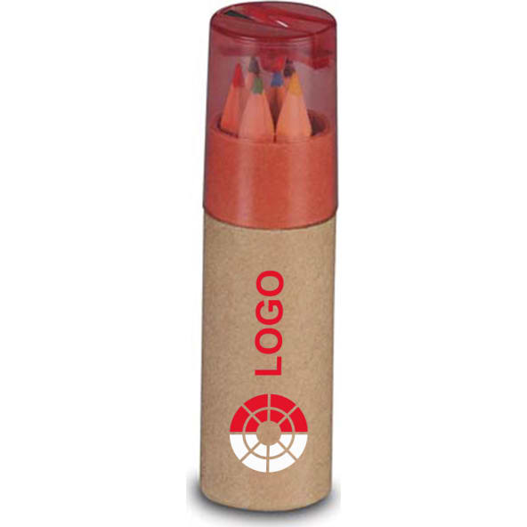 Caja tubo con 6 lápices de colores y sacapuntas