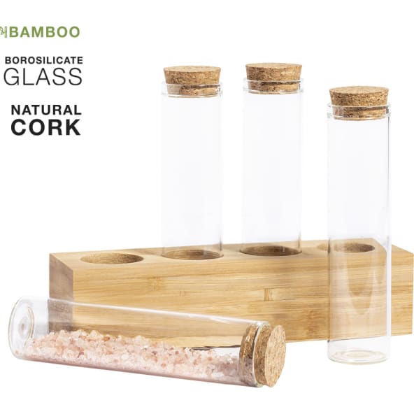 Especiero personalizado de cristal y bambú, 4 botes 70 ml