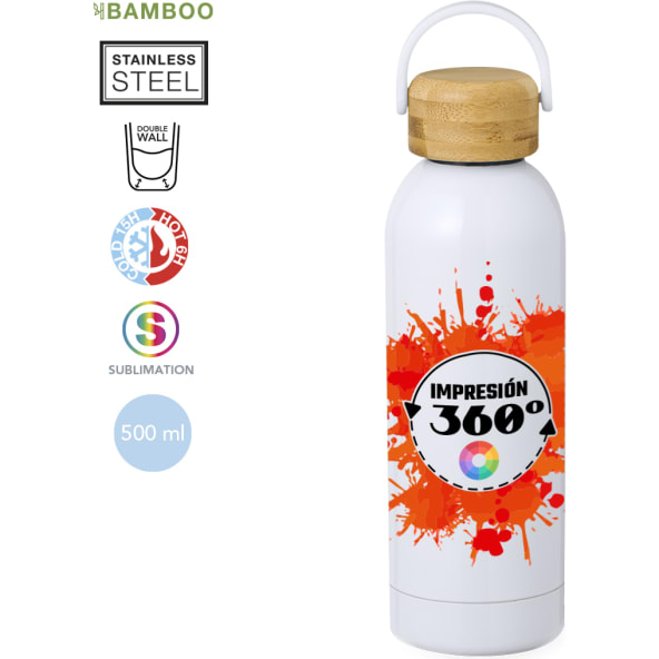 Bidón térmico de acero inox y bambú impreso a todo color 360º (500 ml)