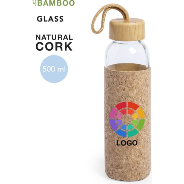 Bidón personalizado de cristal y bambú con funda de corcho (500 ml)